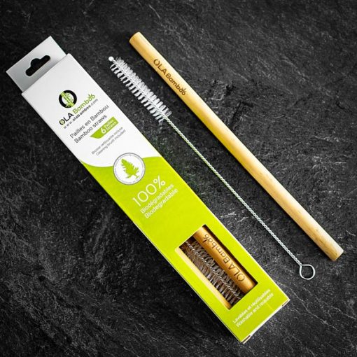 Bamboo straw with cleaning brush in recyclable packaging