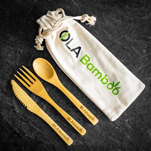 Bamboo spoon, fork &knife with travel bag