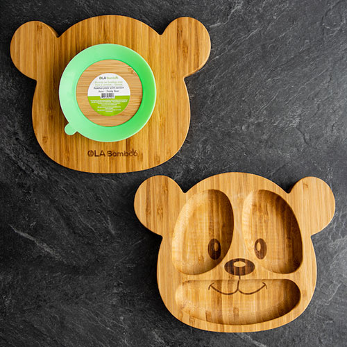 Teddy Bear bamboo plate for baby with green suction base