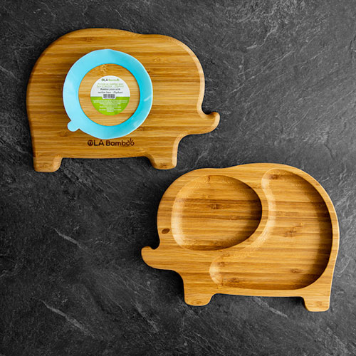 elephant bamboo plate for baby with blue suction base